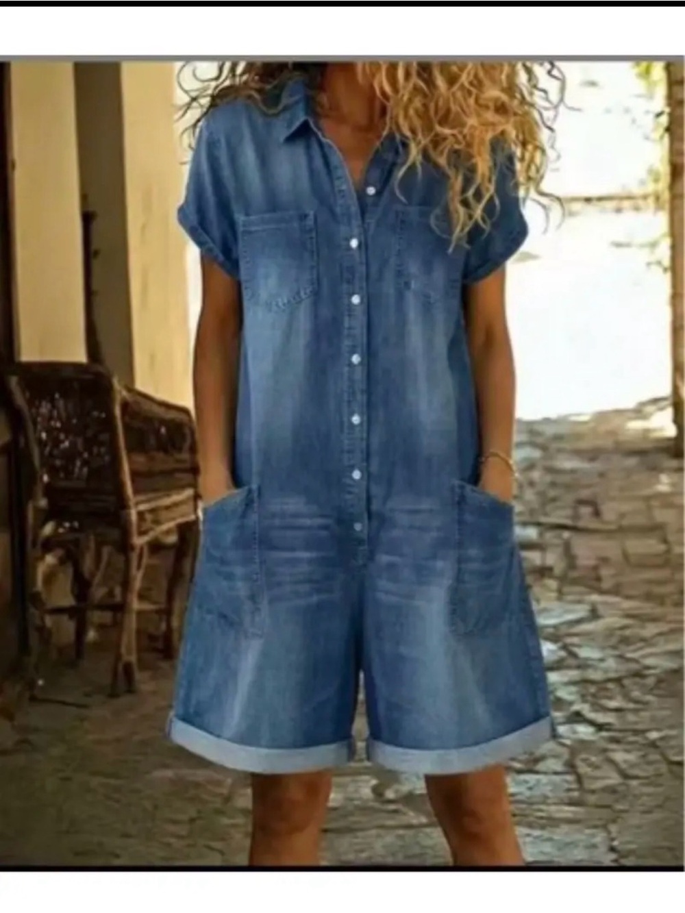 SHEIN Blue Denim Short Overalls Romper